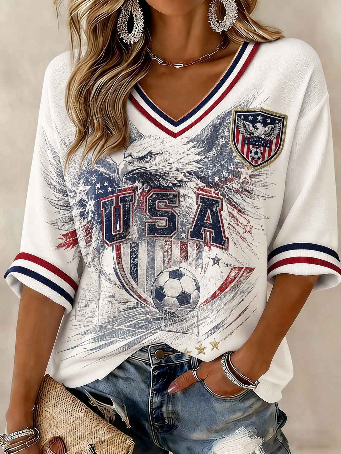 Women's USA Football Printed Mid-length Sleeves V-Neck T-Shirt