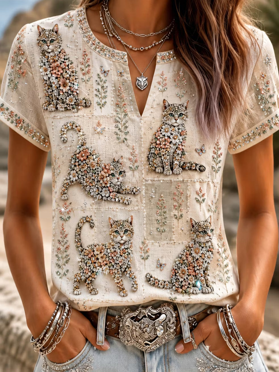 Women's Cute Cat Art Cotton-Linen Short Sleeves Shirt gracestitchs