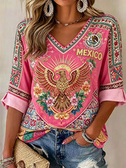 Women's Mexico Art Printed Linen T-shirt gracestitchs