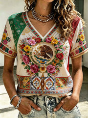 Women's Mexico Art Printed Linen T-shirt gracestitchs