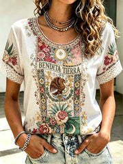 Women's Mexico Art Printed Linen T-shirt gracestitchs