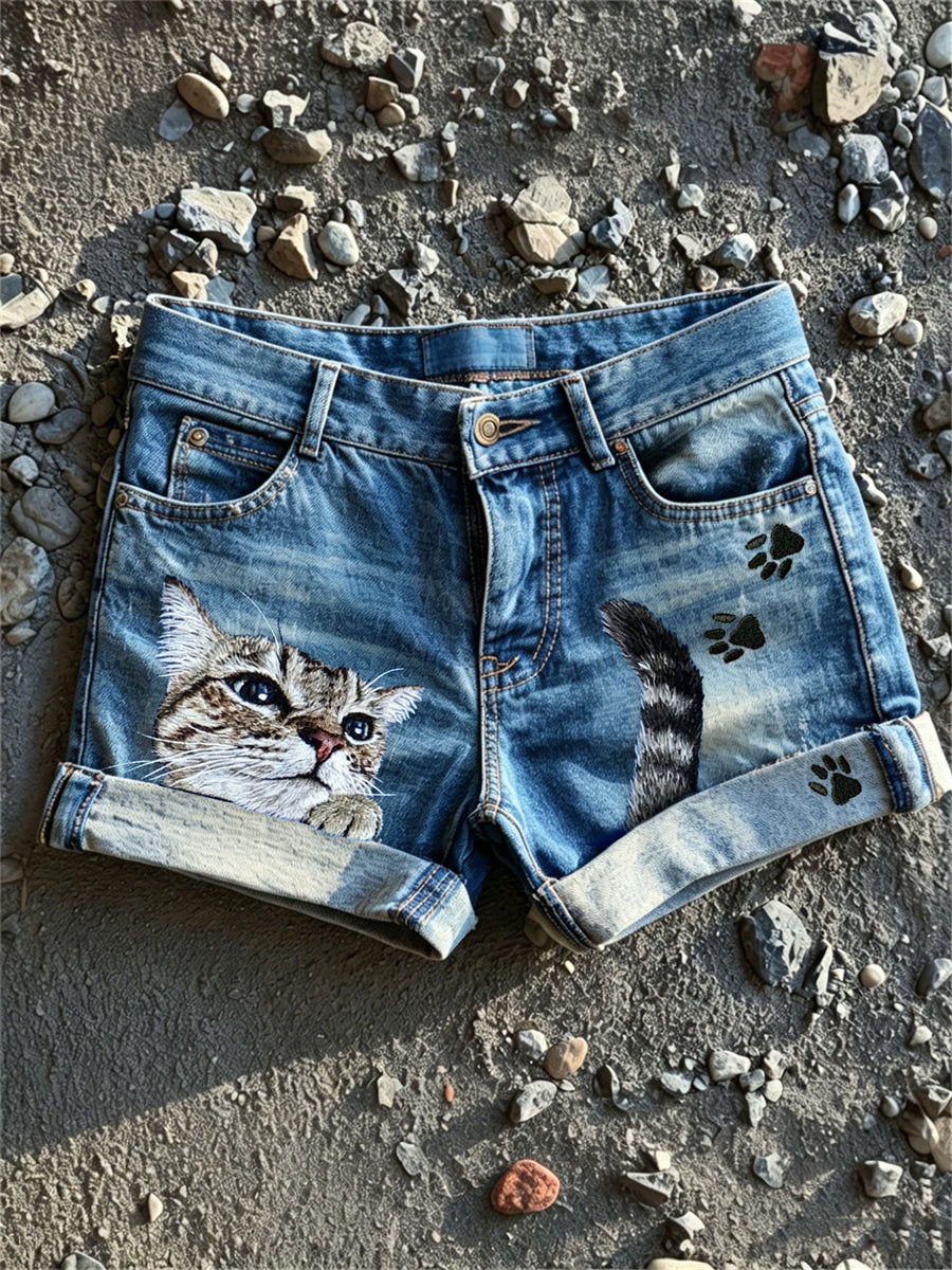 Women's Peeking Cat & Paw Prints Print Denim Shorts gracestitchs