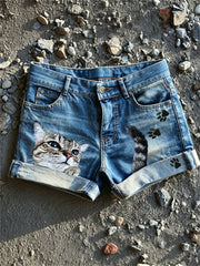 Women's Peeking Cat & Paw Prints Print Denim Shorts gracestitchs