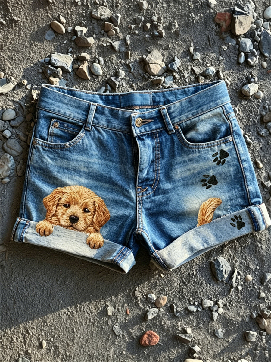 Women's Peeking Golden Retriever Dog & Paw Prints Print Denim Shorts gracestitchs