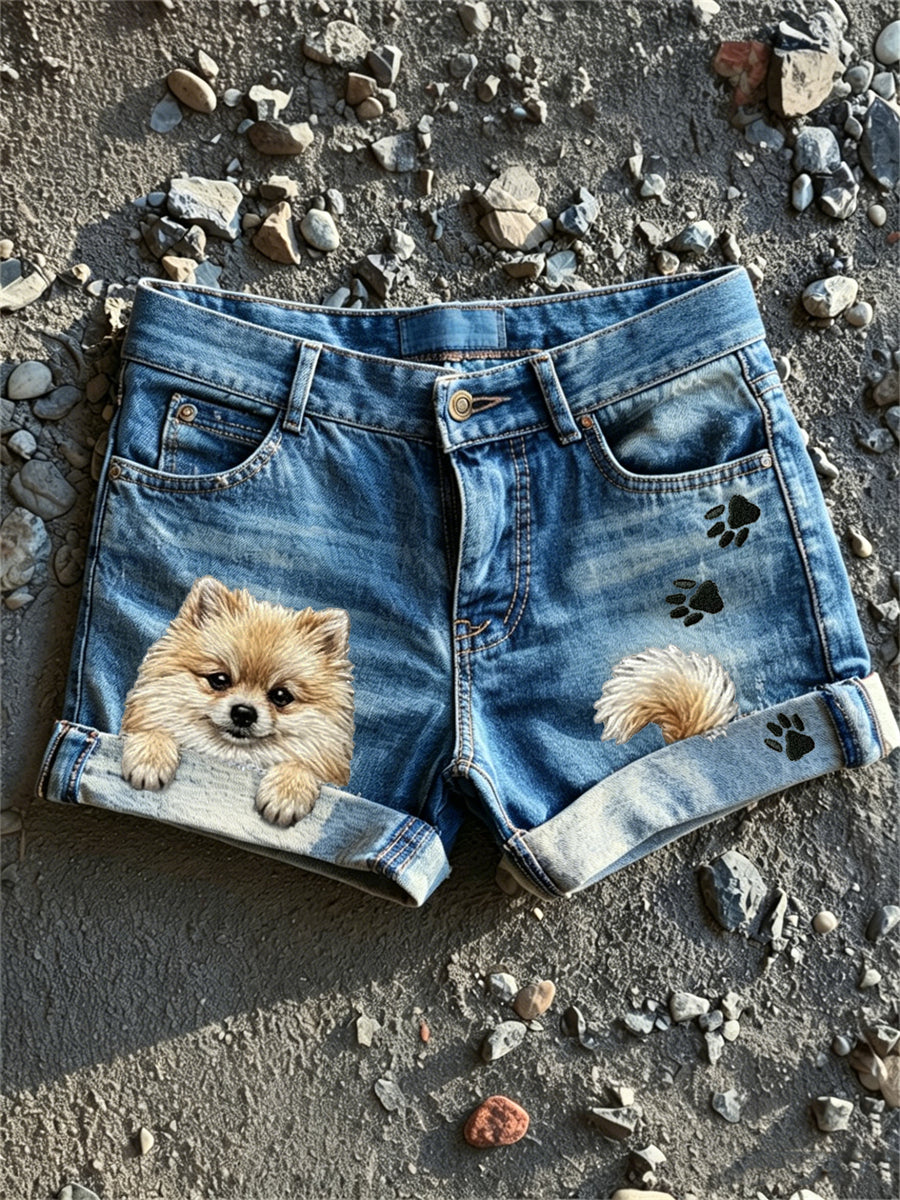 Women's Peeking Pom Dog & Paw Prints Print Denim Shorts gracestitchs