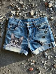 Women's Peeking Cat & Paw Prints Print Denim Shorts gracestitchs