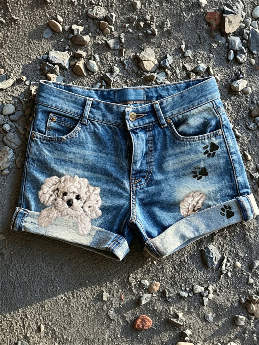 Women's Peeking Dog & Paw Prints Print Denim Shorts gracestitchs