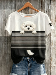 Women's Peeking Maltese Dog Colorblock Print short-sleeved T-shirt gracestitchs