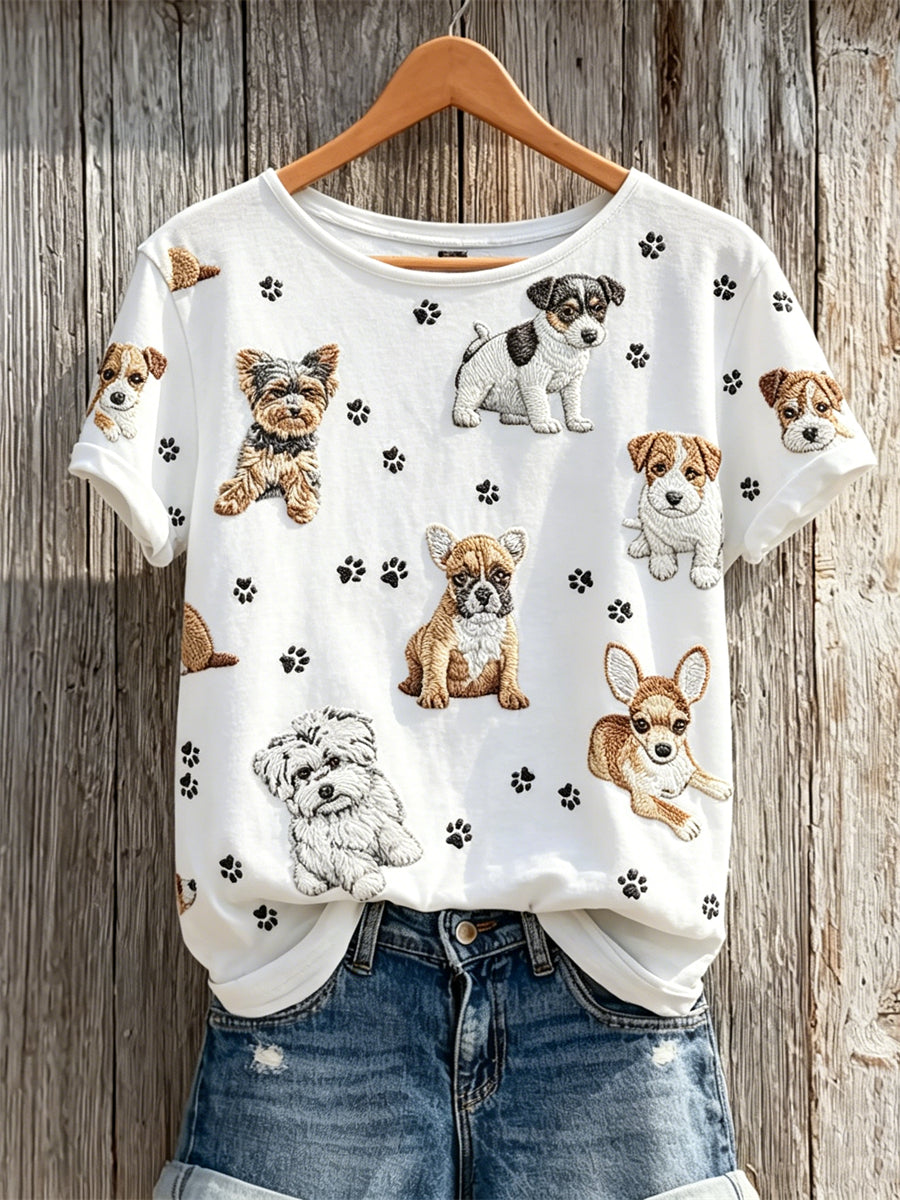 Women's Lovely Dogs & Paw Prints Pattern Print short-sleeved T-shirt gracestitchs