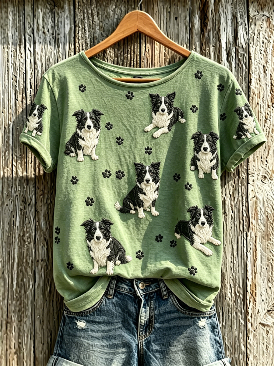 Women's Border Collie Dogs & Paw Prints Pattern Print short-sleeved T-shirt gracestitchs
