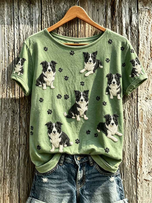 Women's Border Collie Dogs & Paw Prints Pattern Print short-sleeved T-shirt