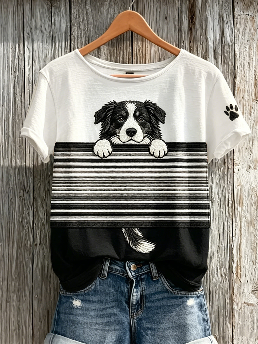 Women's Peeking Border Collie Dog & Paw Print Colorblock Print short-sleeved T-shirt gracestitchs