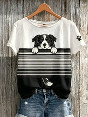 Women's Peeking Border Collie Dog & Paw Print Colorblock Print short-sleeved T-shirt gracestitchs