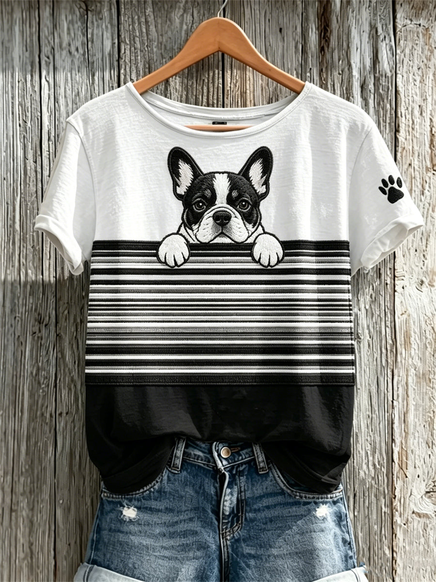Women's Peeking Bulldog & Paw Print Colorblock Print short-sleeved T-shirt gracestitchs