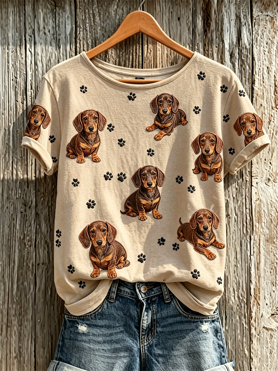 Women's Dachshund Dogs & Paw Prints Pattern Print short-sleeved T-shirt gracestitchs