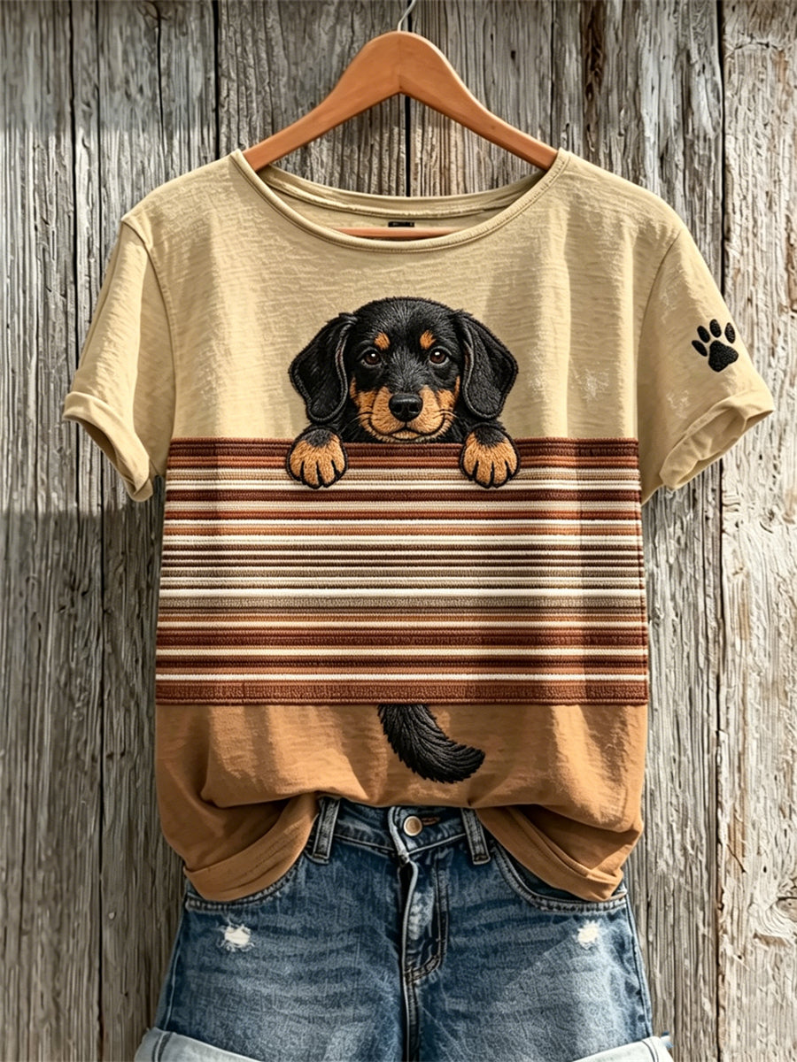 Women's Peeking Dachshund Dog & Paw Print Colorblock Print short-sleeved T-shirt gracestitchs
