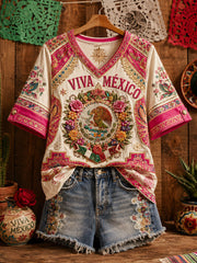Women's Mexico Pride Art Printed Linen T-shirt gracestitchs