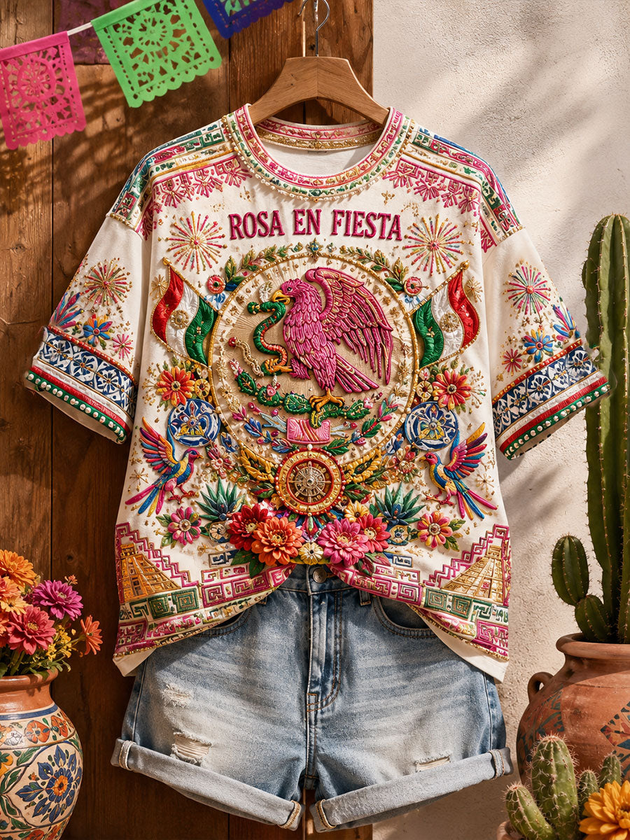 Women's Mexico Pride Art Printed Linen T-shirt gracestitchs