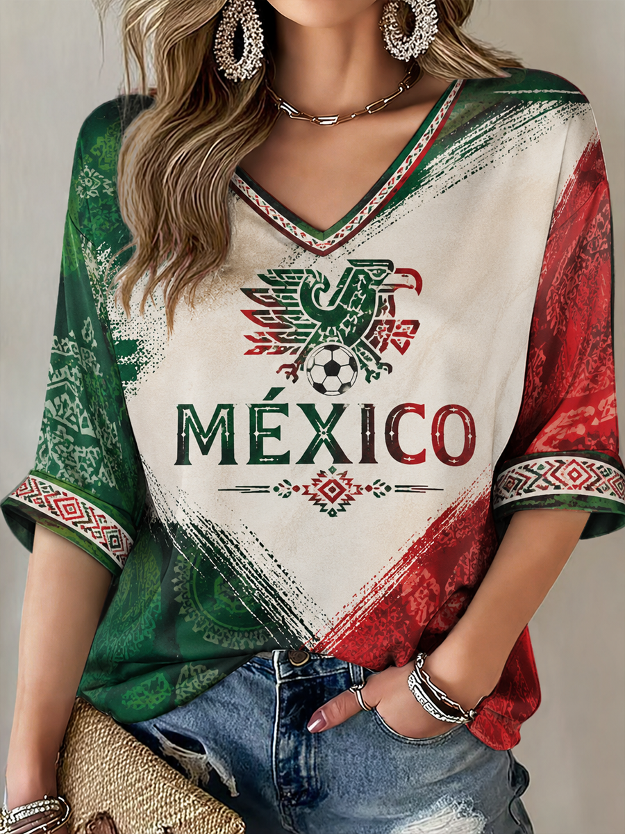 Women's Mexico Proud Art Printed Mid-length Sleeves V-Neck T-Shirt gracestitchs