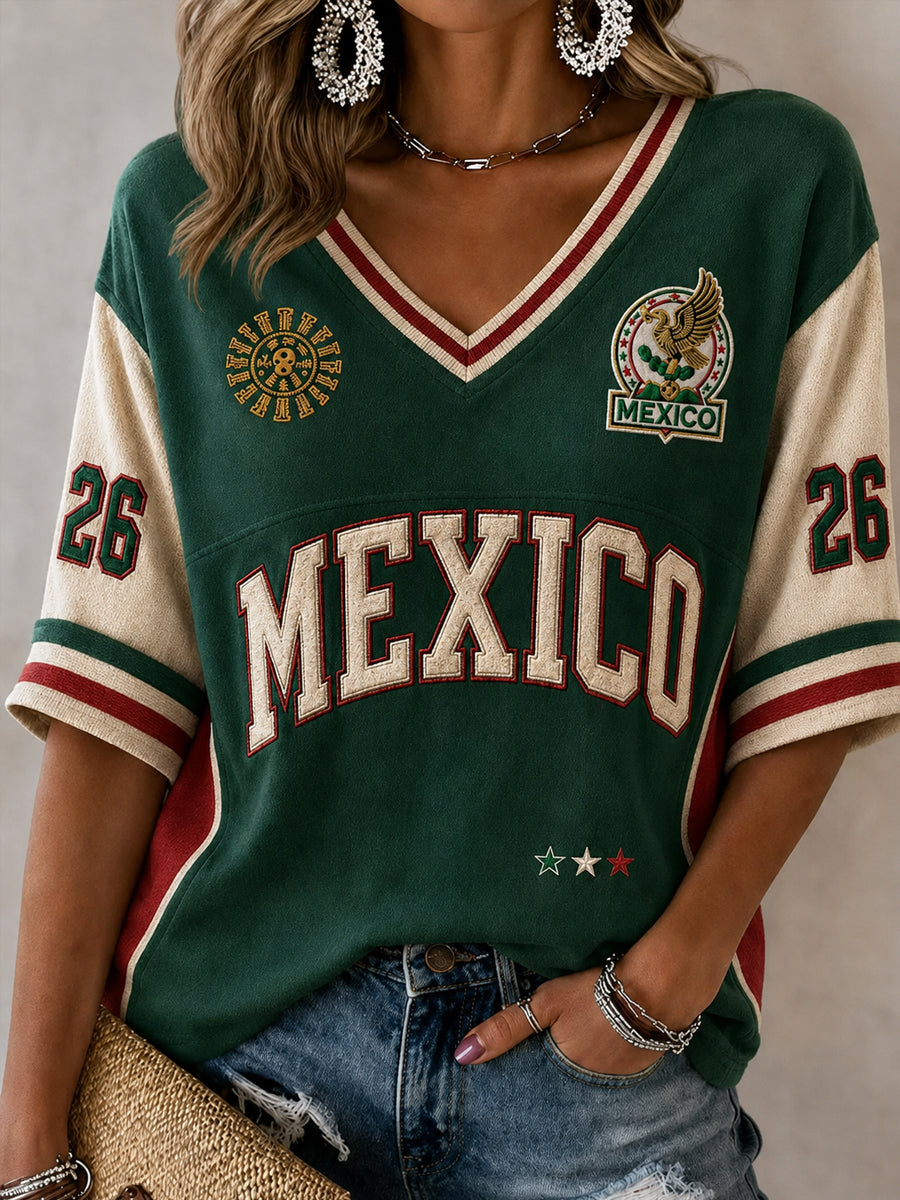 Women's Gift For Football Fans Print Casual Mid-length Sleeves V-Neck T-Shirt gracestitchs