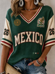Women's Gift For Football Fans Print Casual Mid-length Sleeves V-Neck T-Shirt gracestitchs