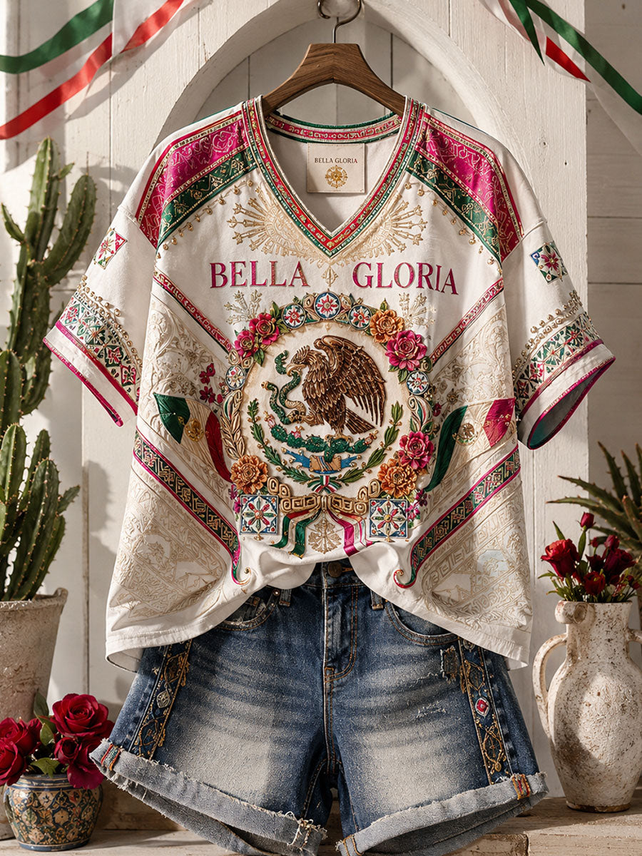 Women's Mexico Pride Art Printed Linen T-shirt gracestitchs
