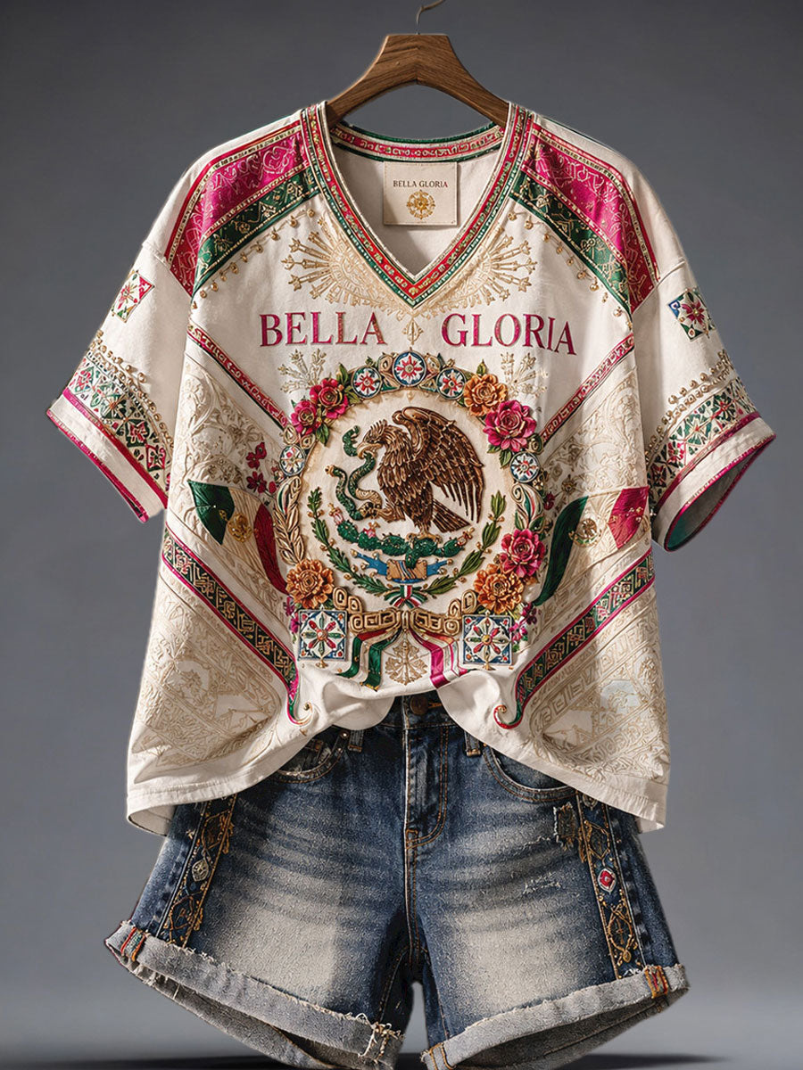 Women's Mexico Pride Art Printed Linen T-shirt gracestitchs