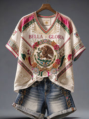 Women's Mexico Pride Art Printed Linen T-shirt gracestitchs