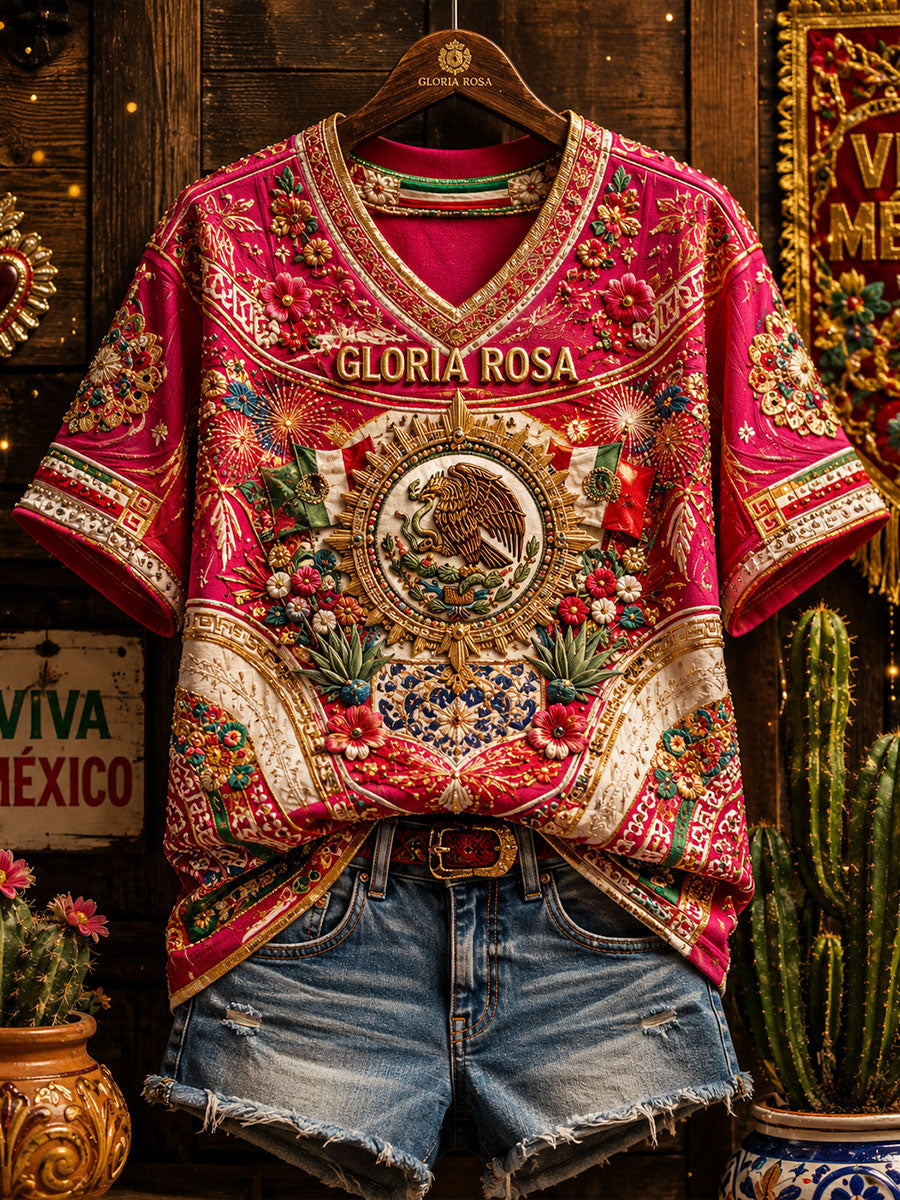 Women's Mexico Pride Art Printed Linen T-shirt gracestitchs