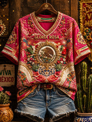 Women's Mexico Pride Art Printed Linen T-shirt gracestitchs