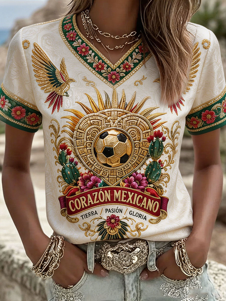 Women's Mexico Football Lover Art Printed T-shirt gracestitchs