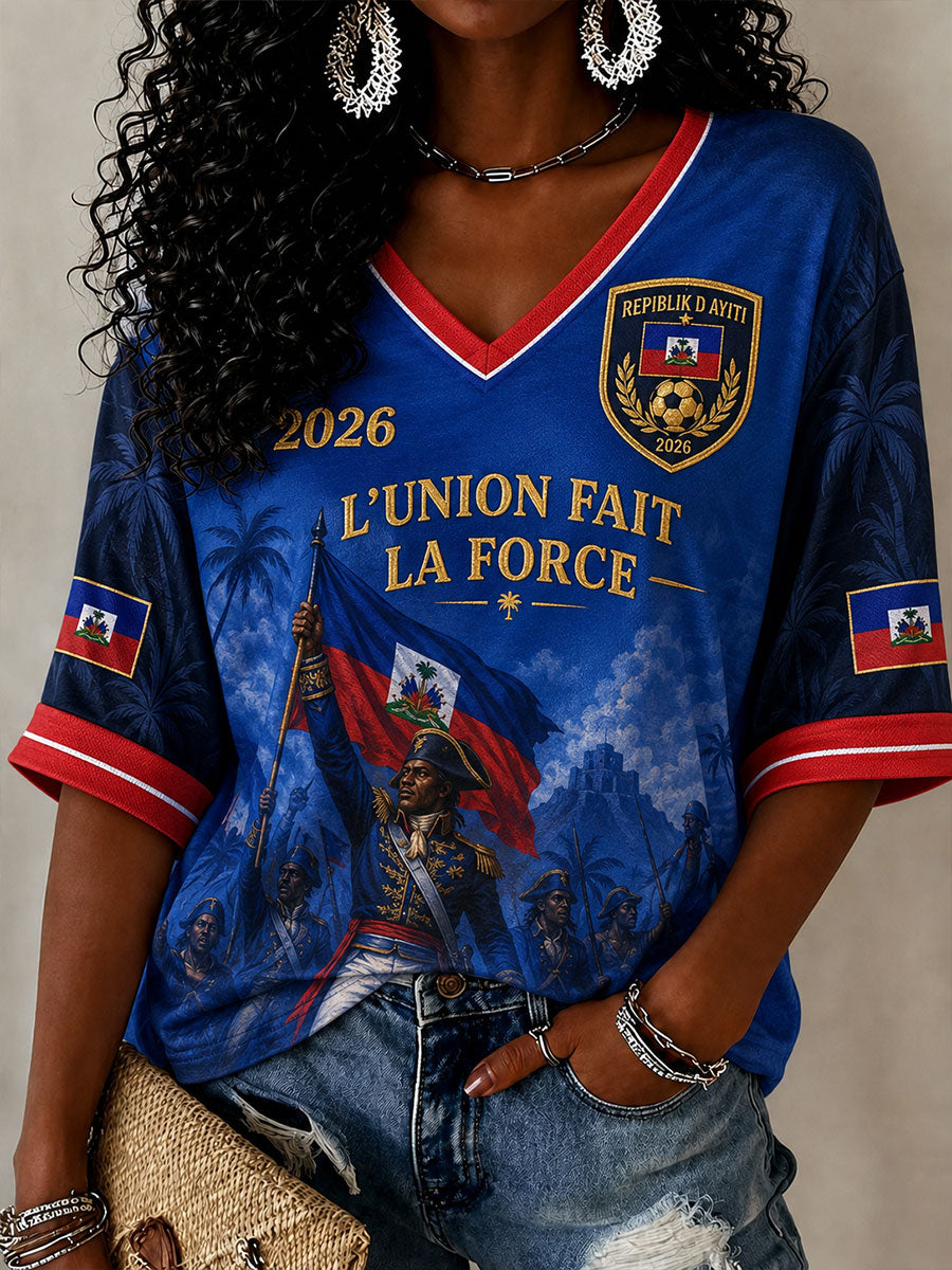 Women's 2026 Haiti Soccer V-Neck Tops gracestitchs