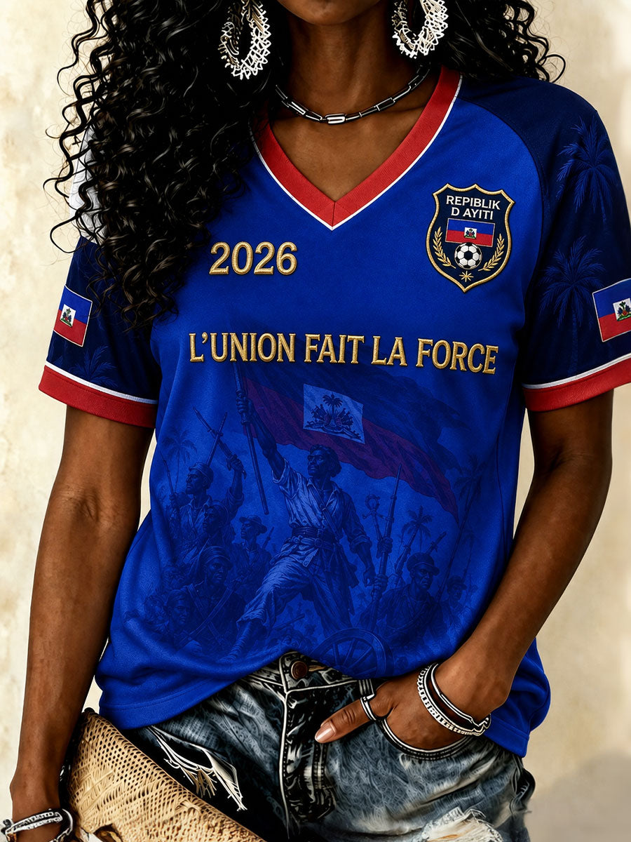 Women's Haiti Football V-Neck T-Shirts gracestitchs
