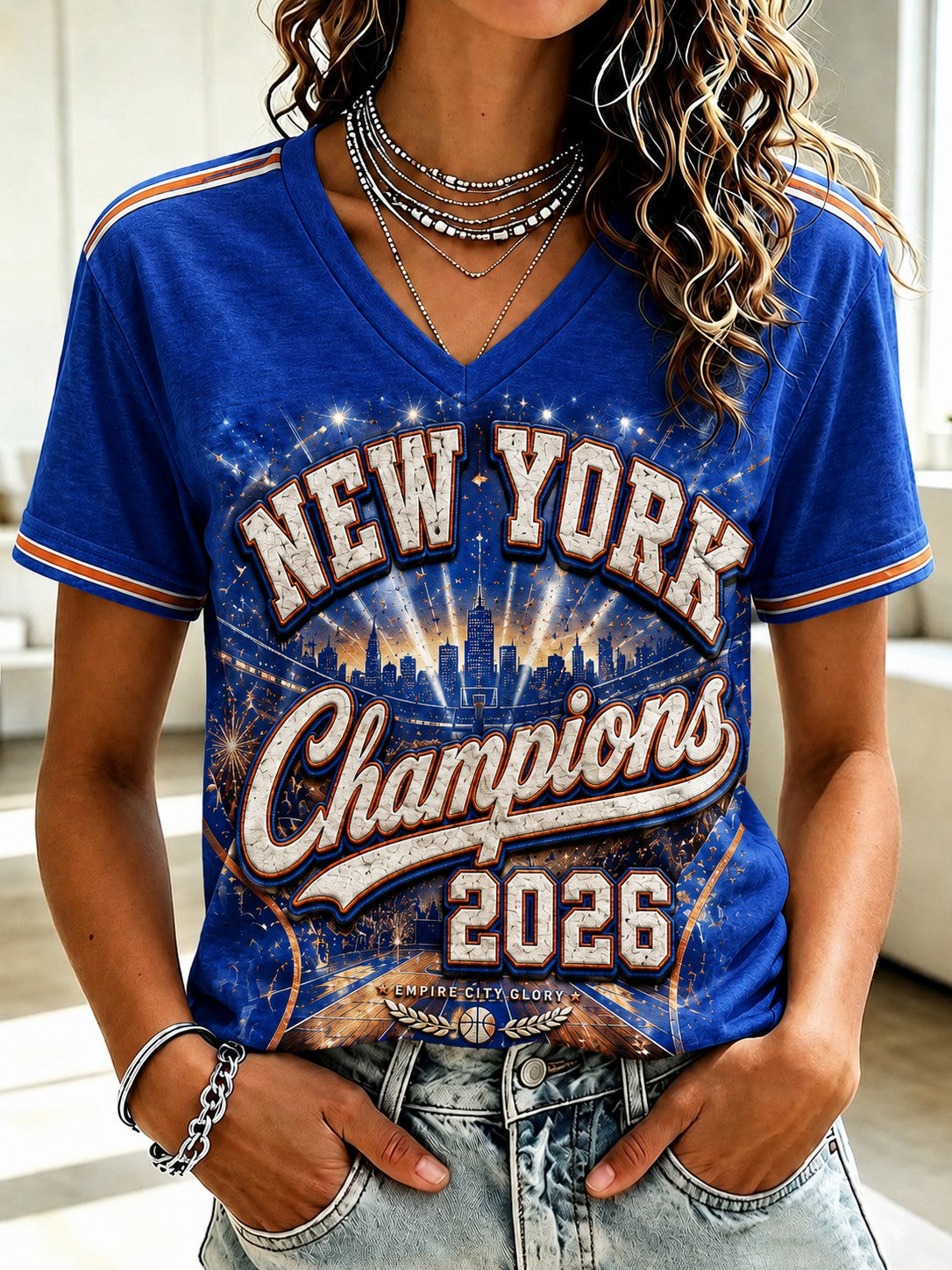 Women's New York Champions 2026 Printed V-neck T-shirt gracestitchs