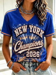 Women's New York Champions 2026 Printed V-neck T-shirt gracestitchs