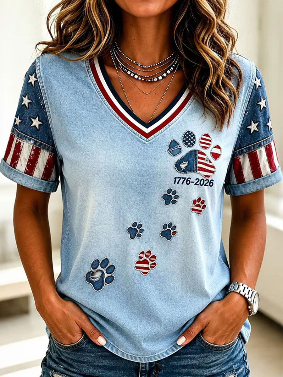 Women's American Flag Cat Print Casual T-Shirt gracestitchs