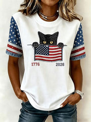 Women's American Flag Cat Print Casual T-Shirt gracestitchs