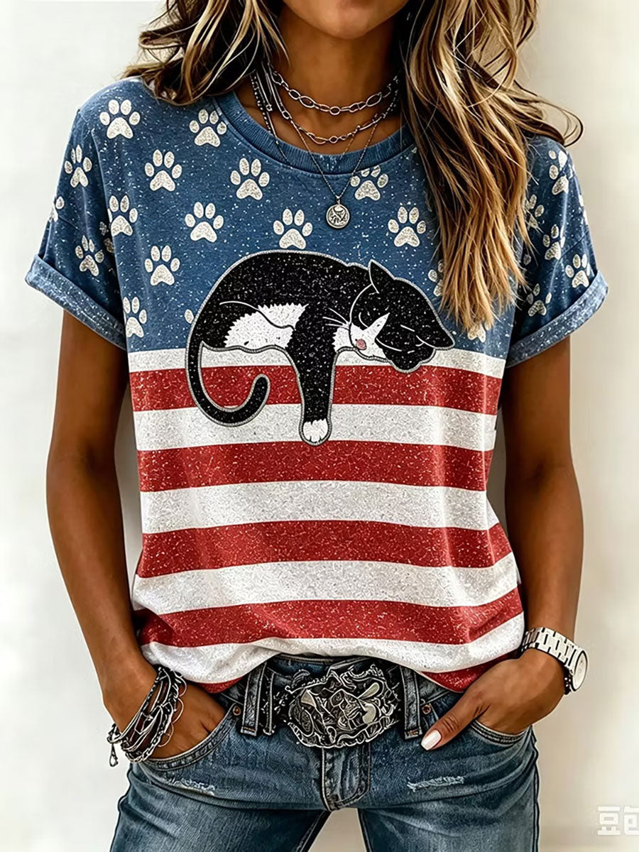 Women's American Flag Cat Print Casual T-Shirt gracestitchs