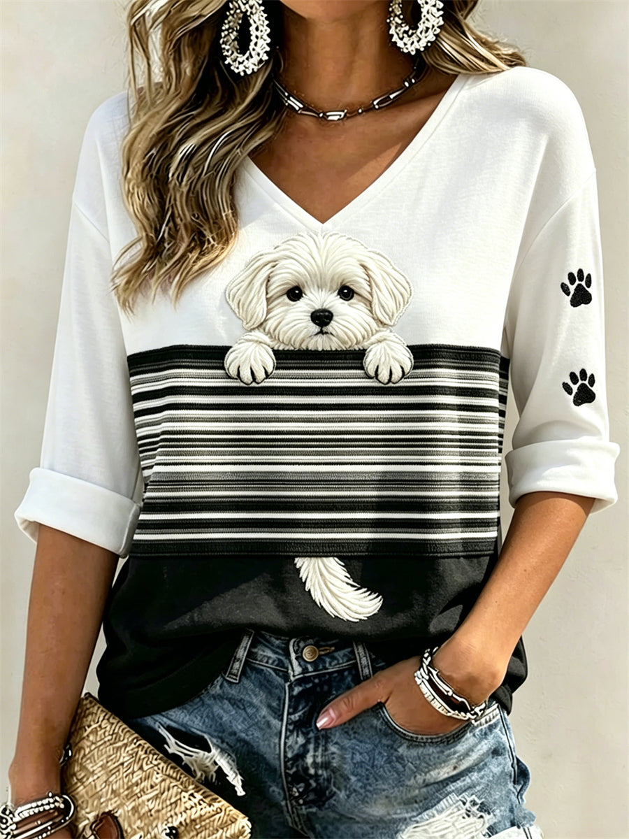 Women's Peeking Maltese Dog & Paw Prints Colorblock Print Mid-length Sleeves V-Neck T-Shirt gracestitchs