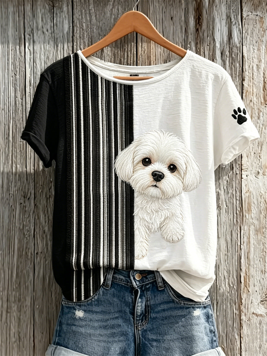 Women's Peeking Maltese Dog & Paw Print Colorblock Print short-sleeved T-shirt gracestitchs