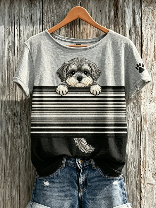 Women's Peeking Schnauzer Dog & Paw Print Colorblock Print short-sleeved T-shirt gracestitchs