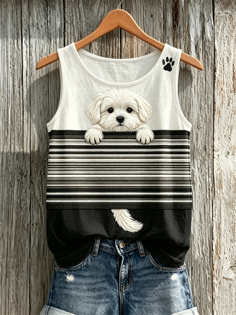 Women's Peeking Maltese Dog & Paw Print Colorblock Print Tank Top gracestitchs
