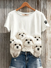 Women's Fuzzy Maltese Dogs Paw Print Print short-sleeved T-shirt gracestitchs