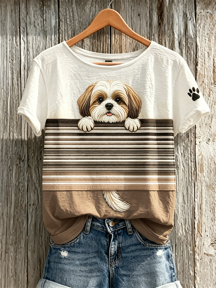 Women's Peeking Shih Tzu Dog & Paw Print Colorblock Print short-sleeved T-shirt gracestitchs