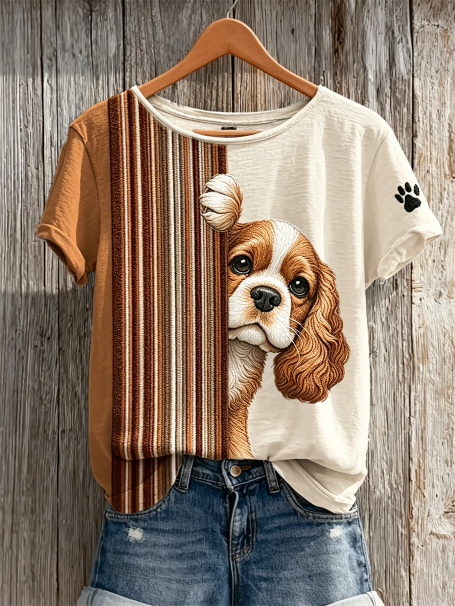 Women's Peeking King Charles Spaniel Dog & Paw Print Colorblock Print short-sleeved T-shirt gracestitchs