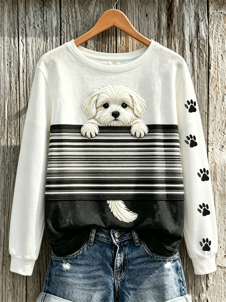 Women's Peeking Maltese Dog & Paw Prints Colorblock Print sweatshirt gracestitchs