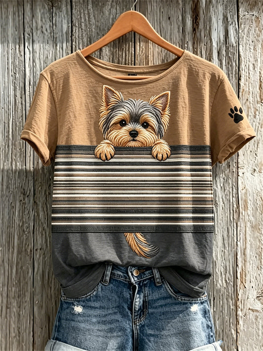Women's Peeking Yorkshire Dog & Paw Print Colorblock Print short-sleeved T-shirt gracestitchs