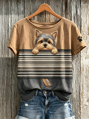 Women's Peeking Yorkshire Dog & Paw Print Colorblock Print short-sleeved T-shirt gracestitchs