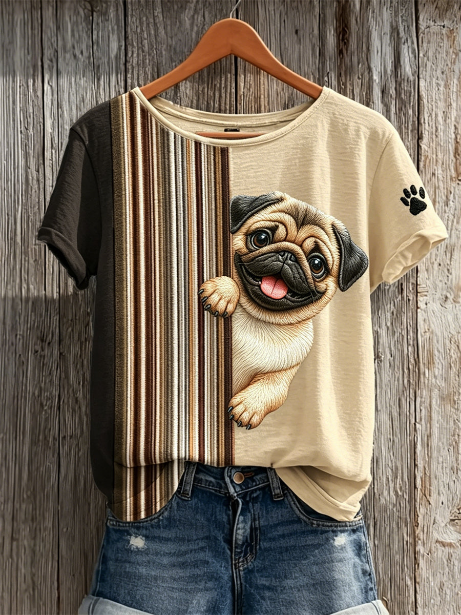 Women's Peeking Pug Dog & Paw Print Colorblock Print short-sleeved T-shirt gracestitchs