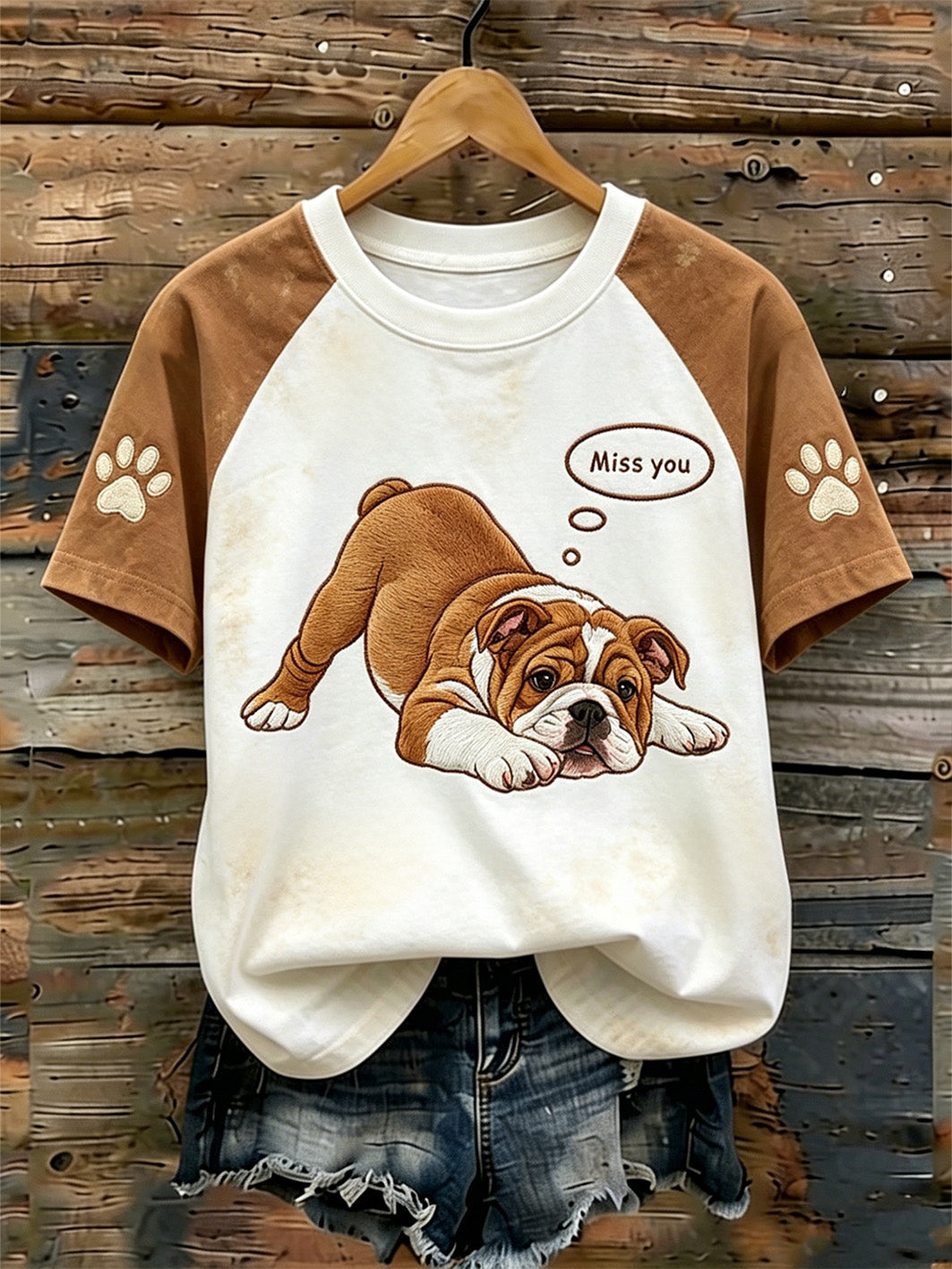 Women's cute dog pattern printed casual washed short-sleeve T-shirt gracestitchs